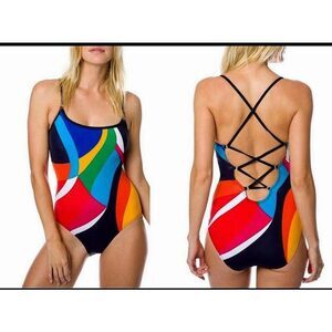 Nautica Women's Size M Lace Up Strappy Back One Piece Swimsuit Rainbow Abstract